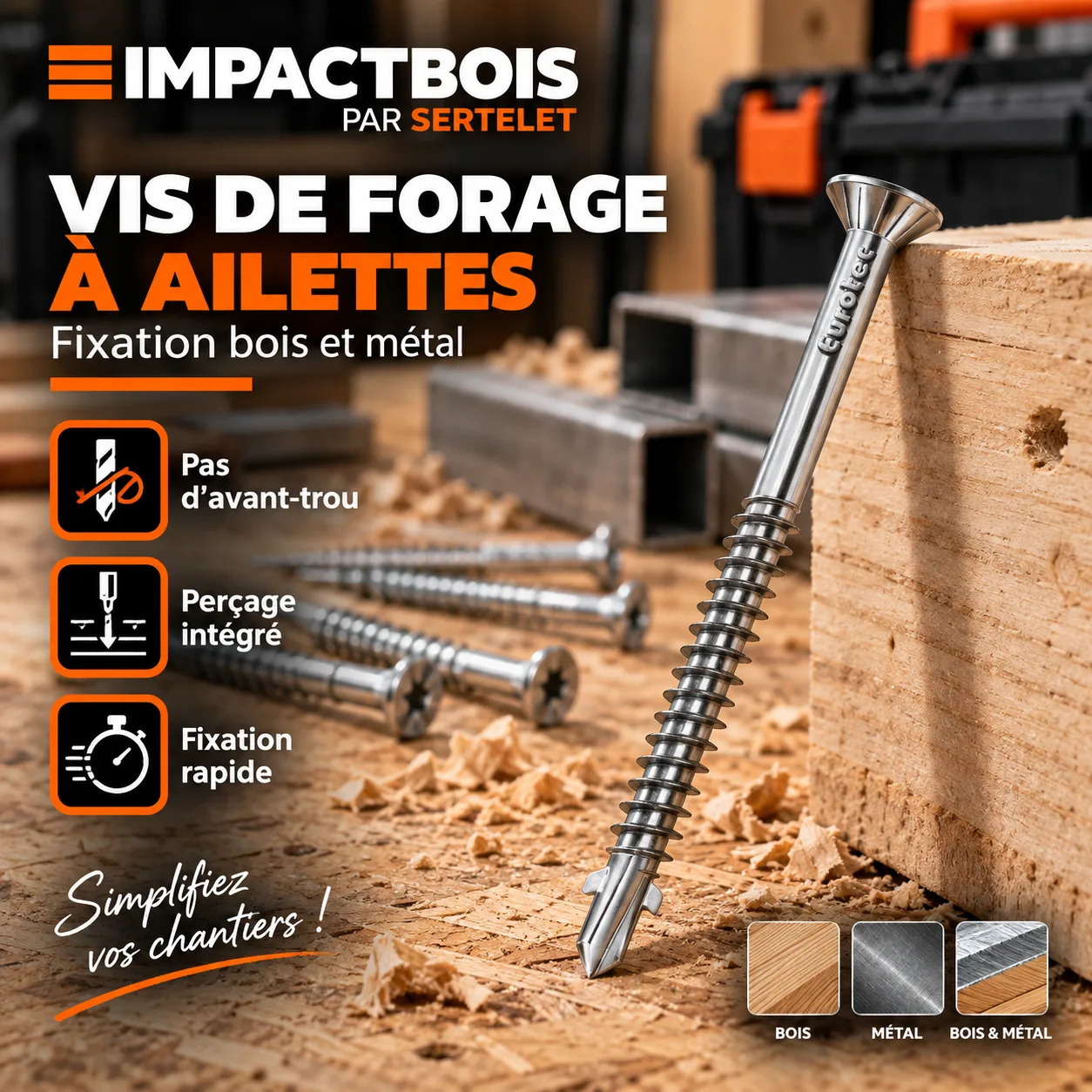 Vis de forage à ailettes Acier inoxydable durci