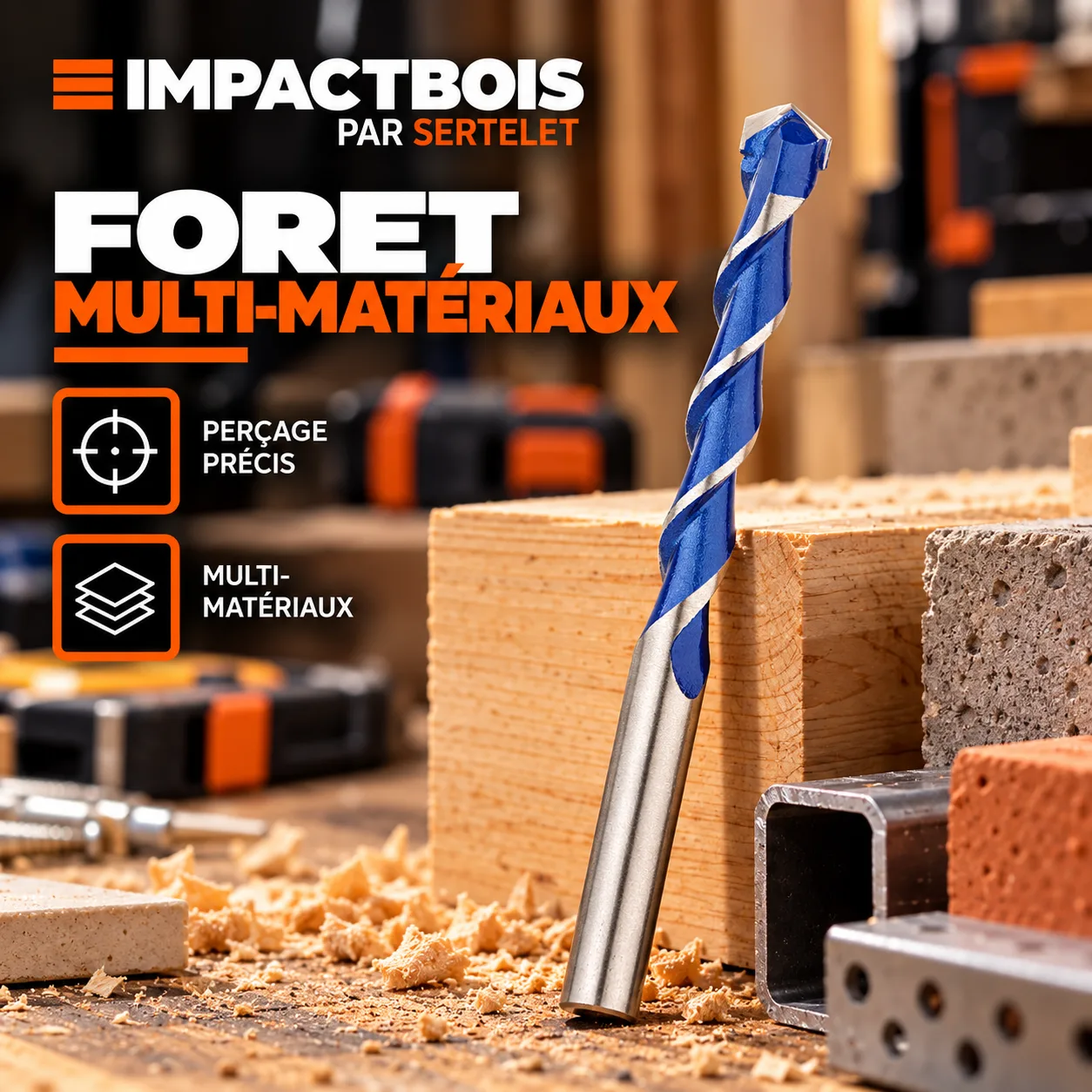 Foret multi-matériaux emmanchement cylindrique avec plaquette carbure affutée