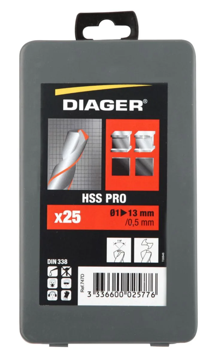 Coffret métallique 25 forets HSS meulé PRO din 338 angle 118° Ø1 à 13 mm par 0,5 mm