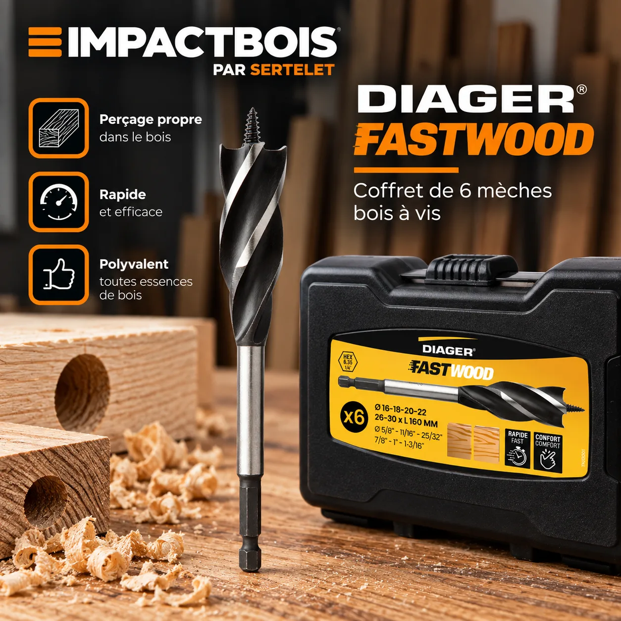 Coffret mèches bois Fastwood attachement hexagonal quick lock